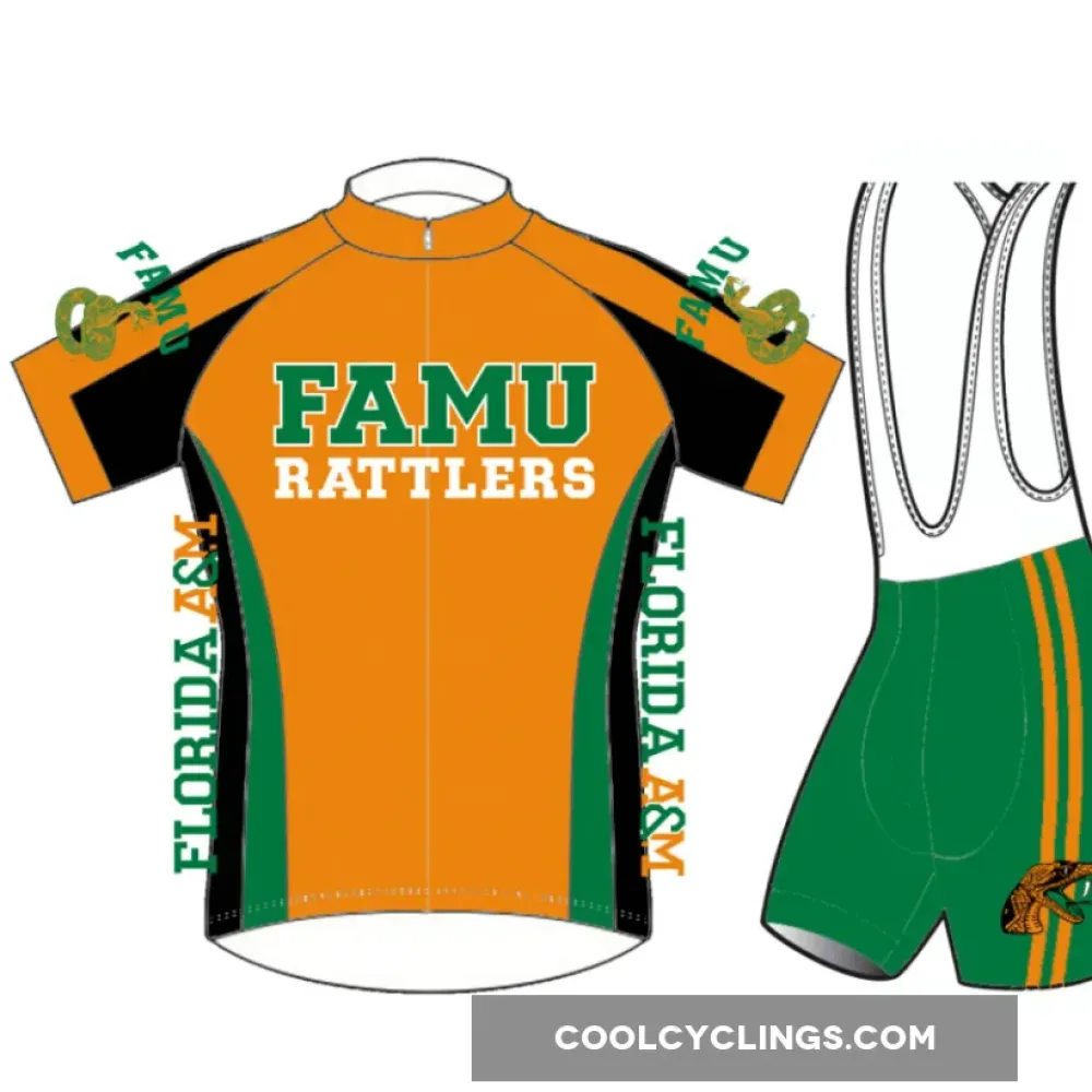 FAMU Florida A&M University Rattlers Cycling Jersey/Shorts/Bibs Orange/Green/Black