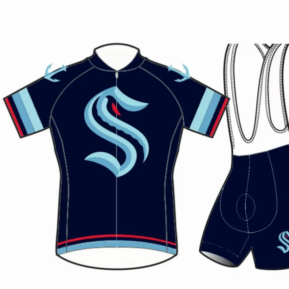 Seattle Kraken Cycling Jersey   Deluxe Shorts   Bib / Navy/Red/Light Blue