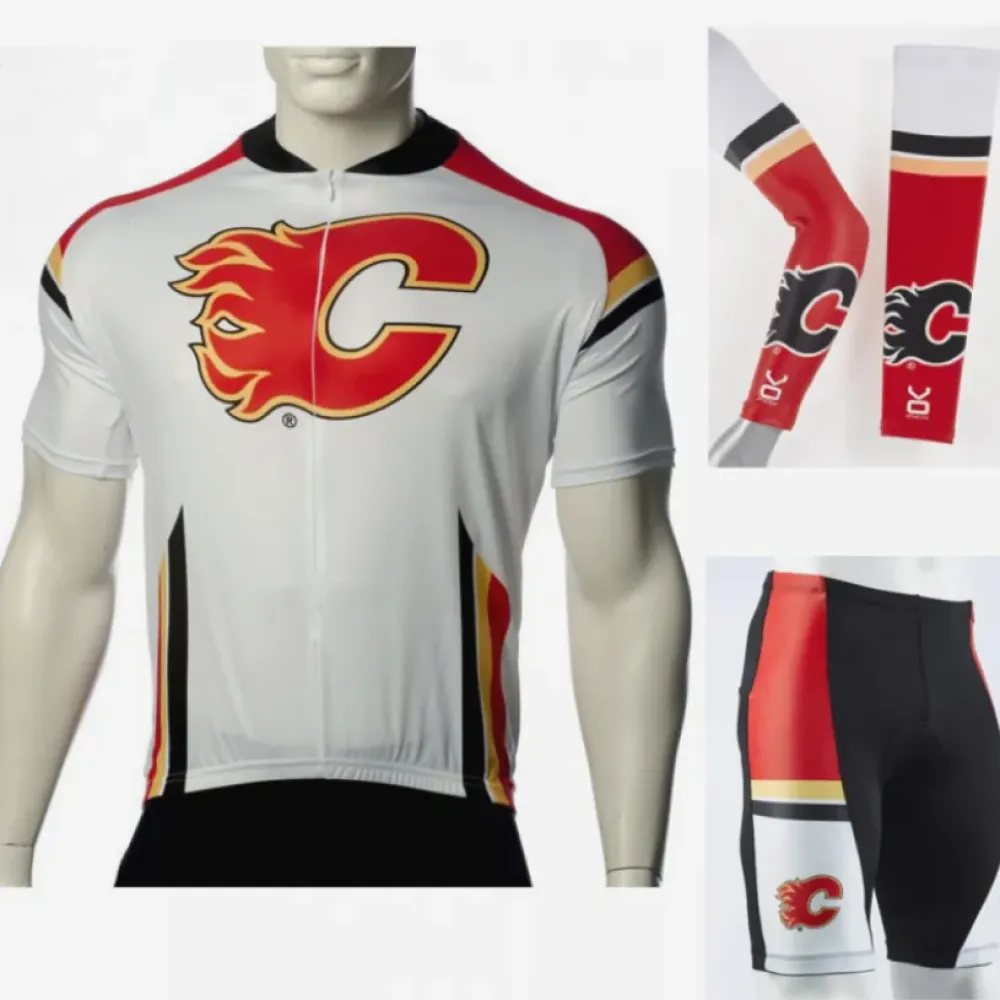 Calgary Flames Cycling Jersey Bib Shorts Arm Warmers White/Red/Gold