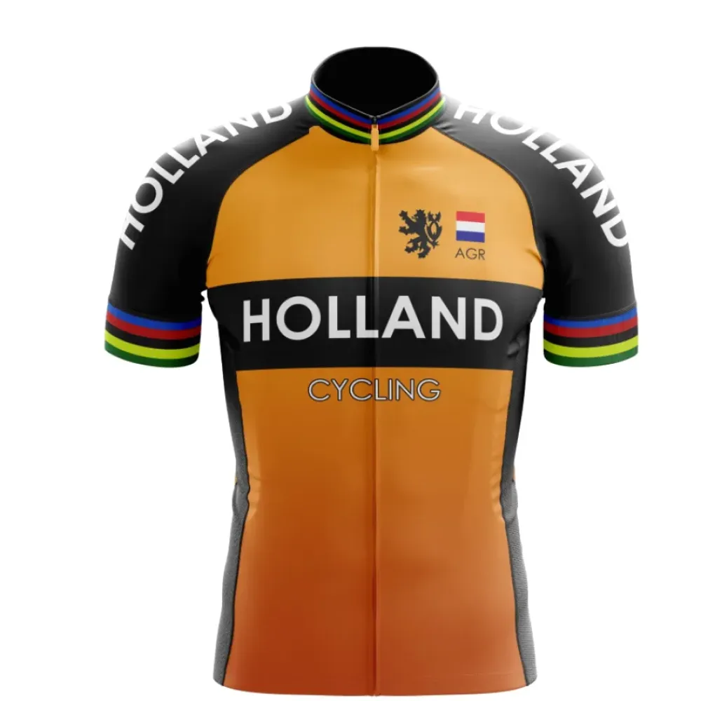 Holland Cycling Team Jersey with National Flag Emblem/Orange/Black/Gold