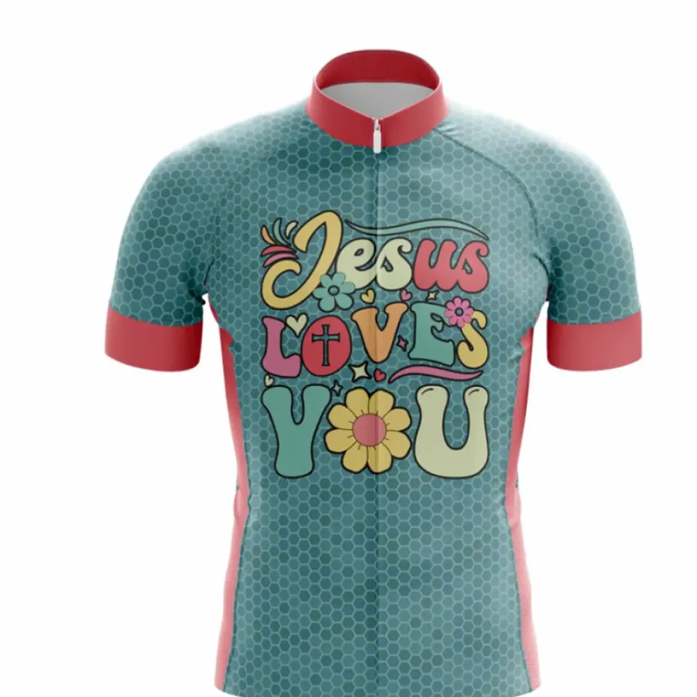 Cool Catholic Cycling Jersey - Jesus Loves You/Teal/Pink