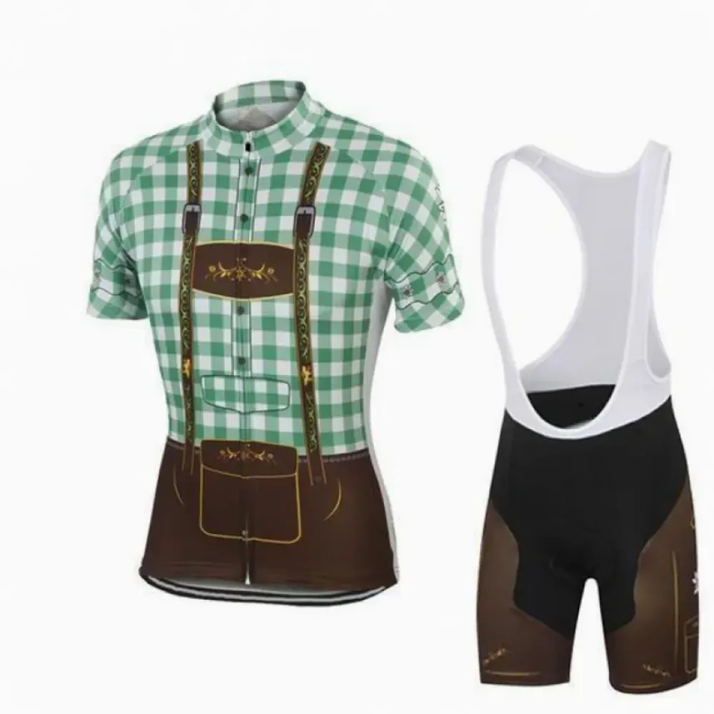 German Lederhosen Cycling Set/Green/White/Brown