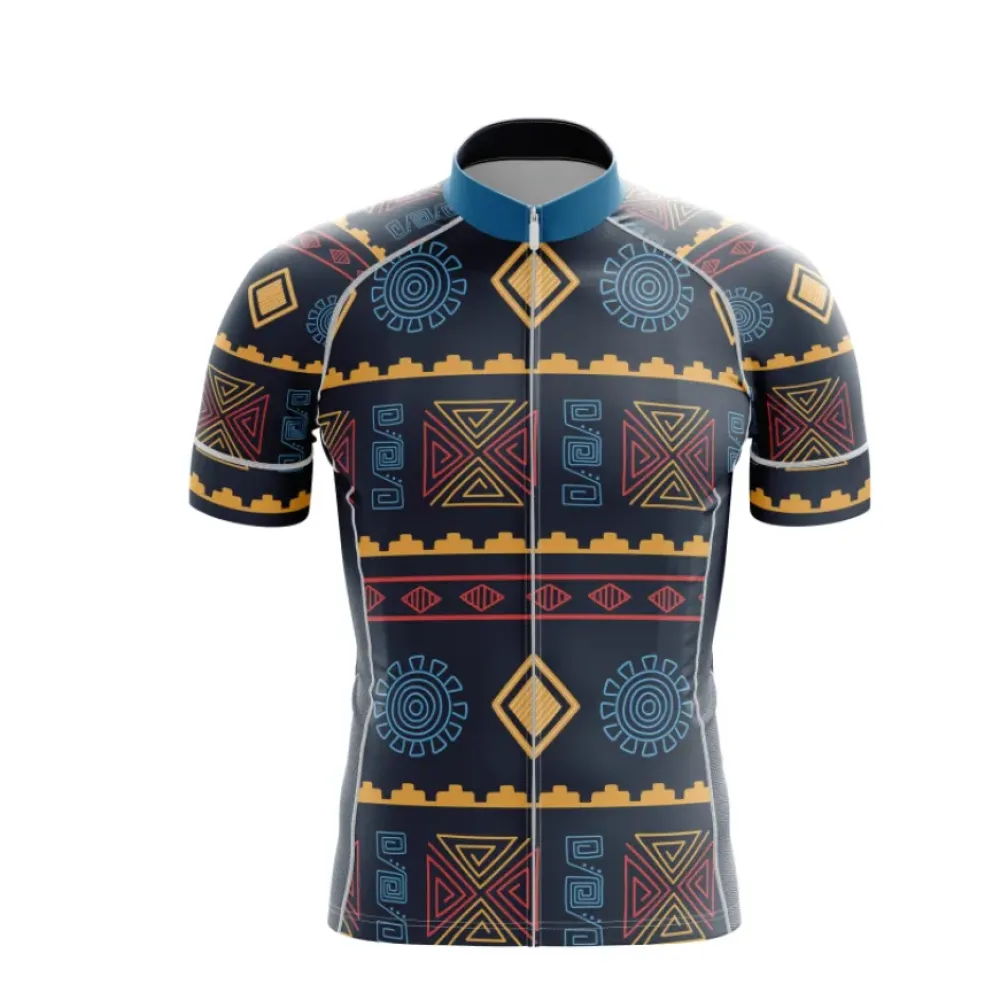 African Tribal Short Sleeve Cycling Jersey Blue/Gold/Red