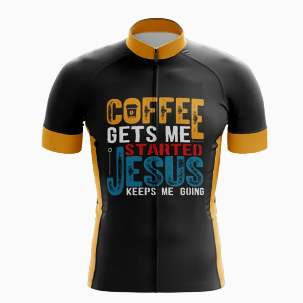 Cycling Jersey - Coffee Gets Me Started/Jesus Keeps Me Going/Black/Yellow/Blue