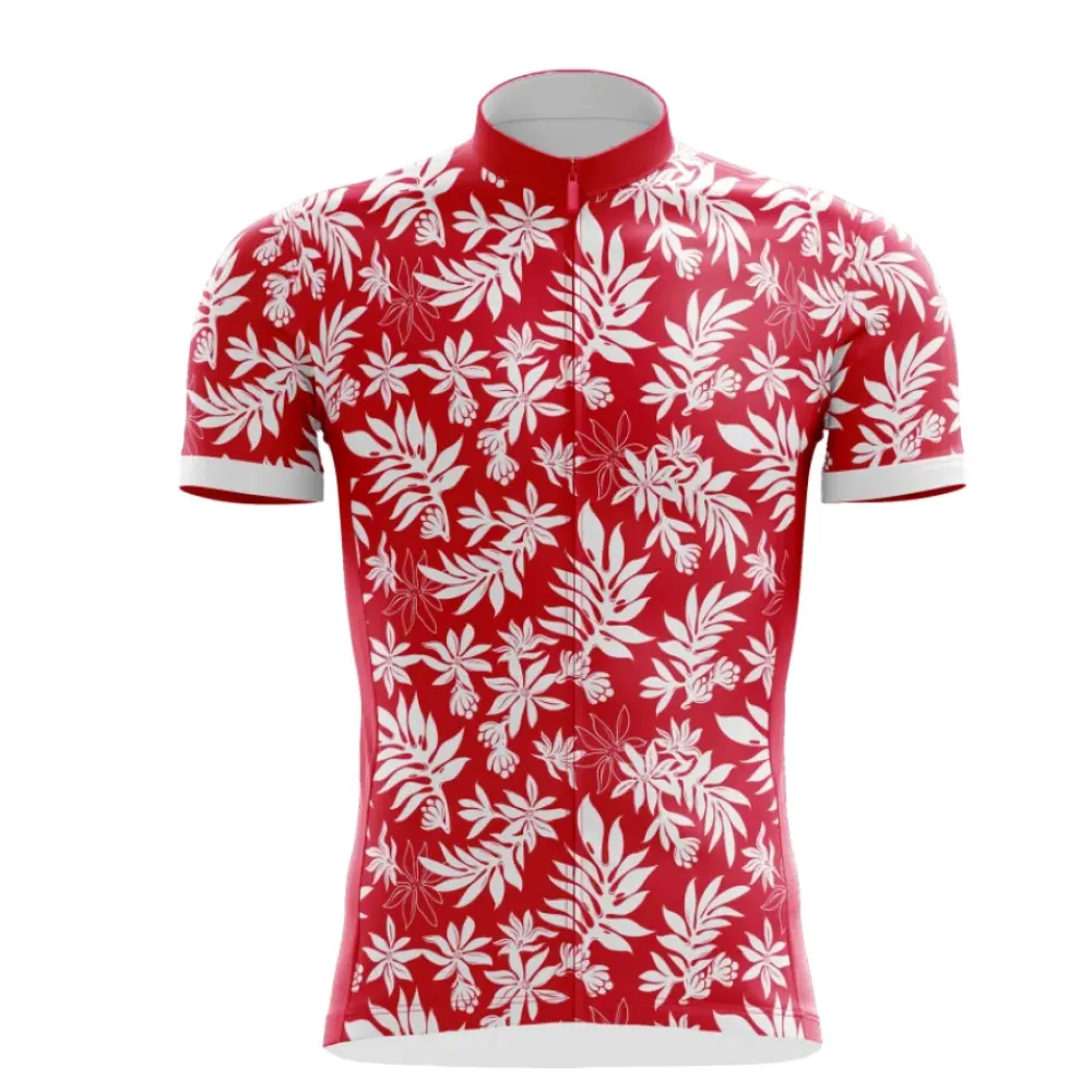 Bold Red Short-Sleeve Cycling Jersey Floral Pattern