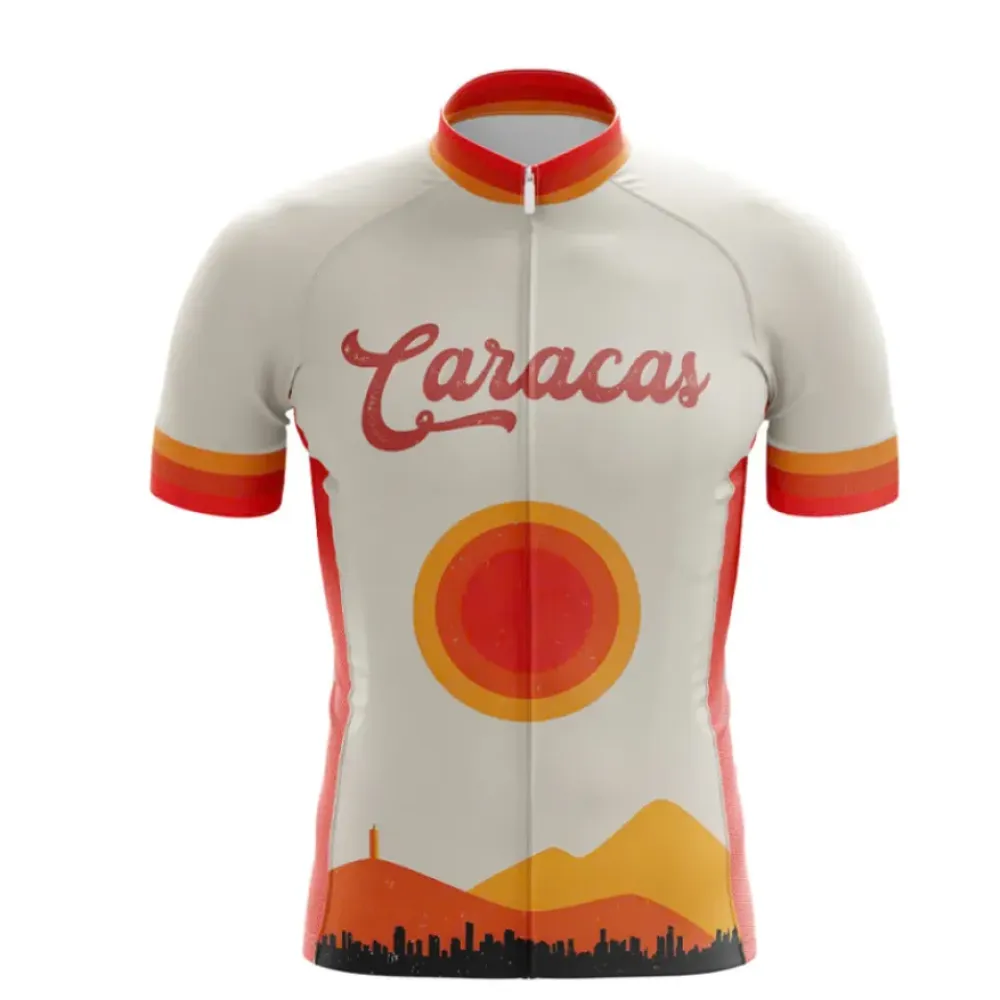 Caracas Vintage Cycling Jersey, Retro Design - Cityscape/Sun/Red/Yellow/Orange