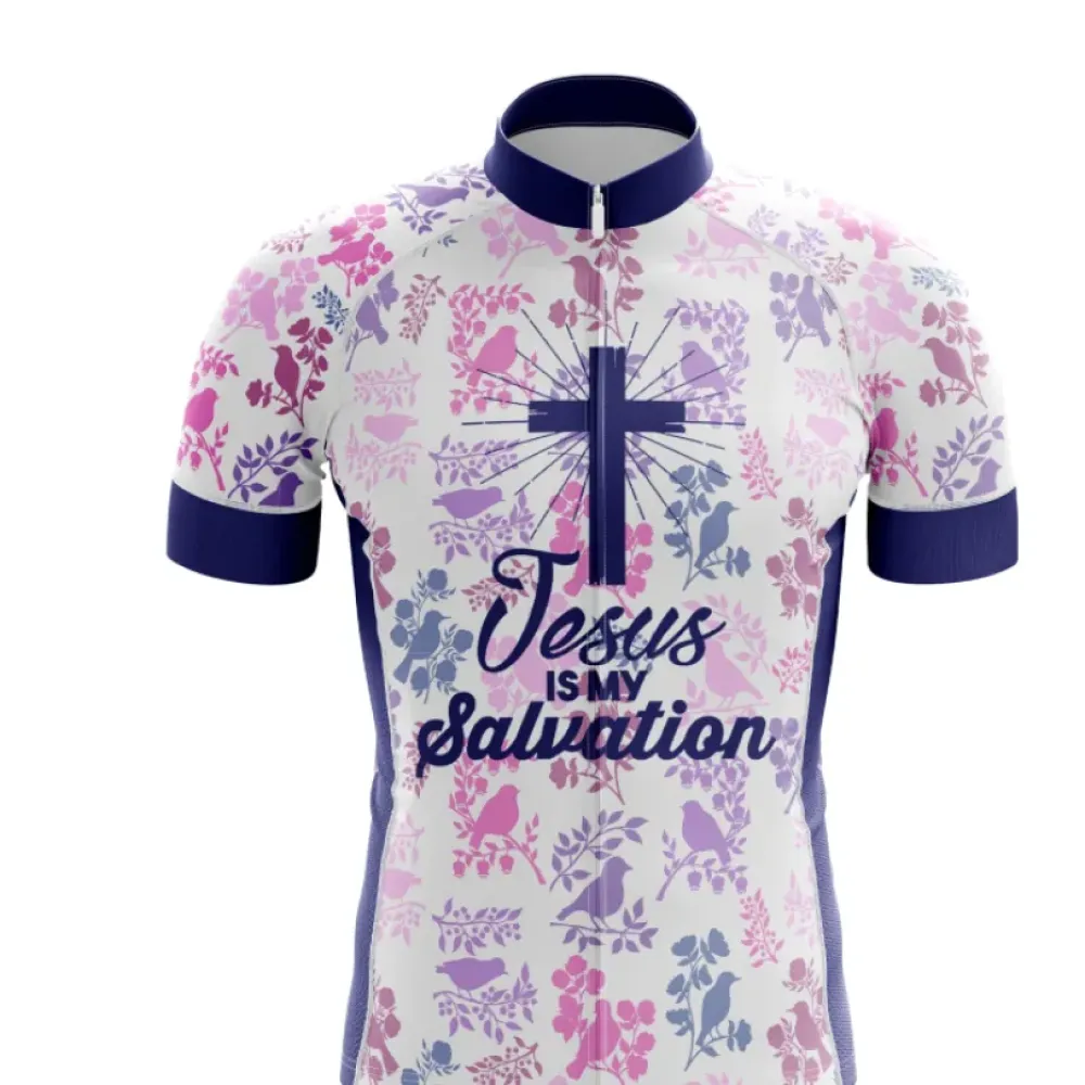 Religious Cycling Jersey Jesus Is My Salvation White/Purple/Blue
