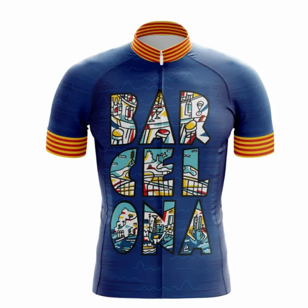 Barcelona Cycling Jersey Striped Sleeves/Blue/Yellow/Red