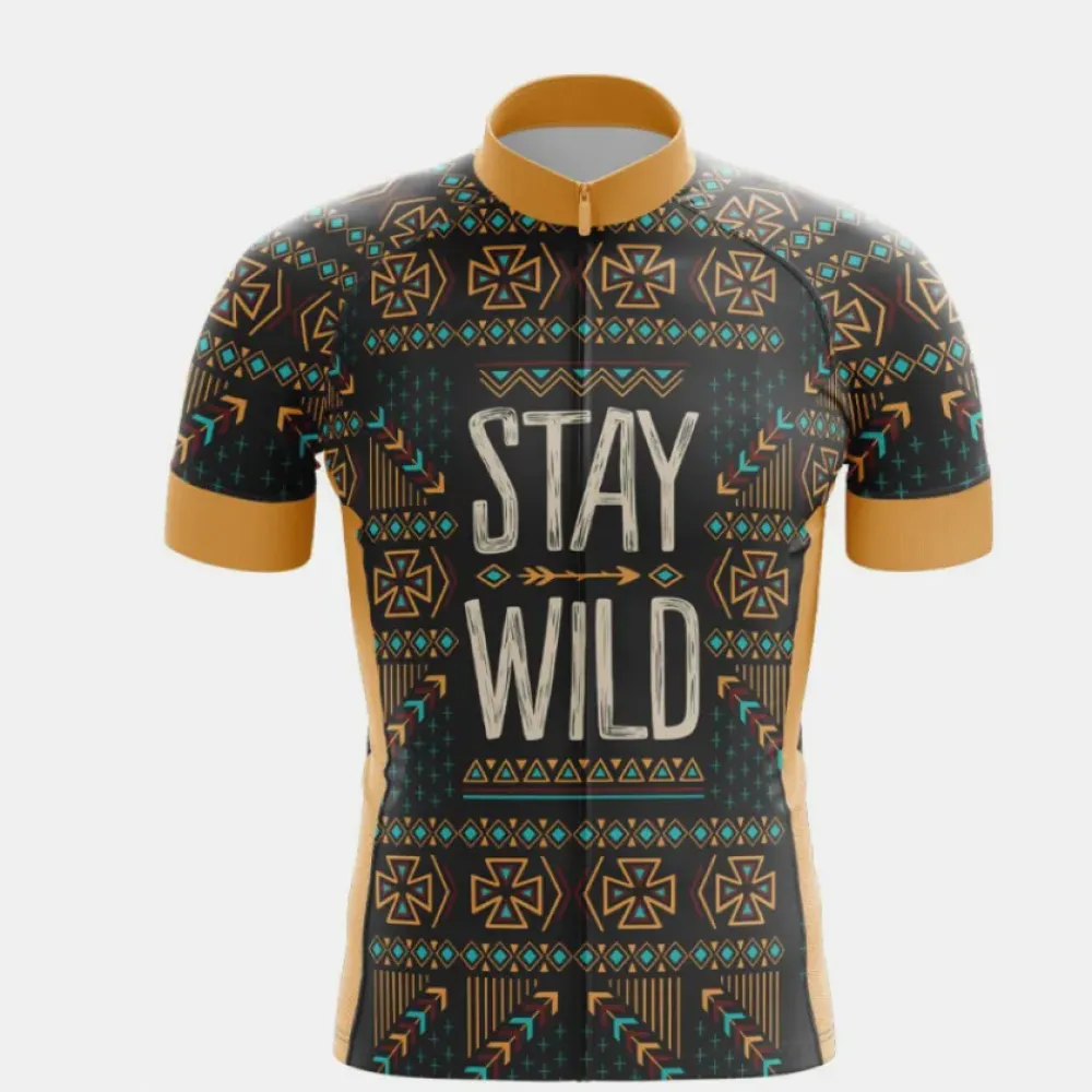 Stay Wild Cycling Jersey Aztec Pattern Black/Gold/Teal