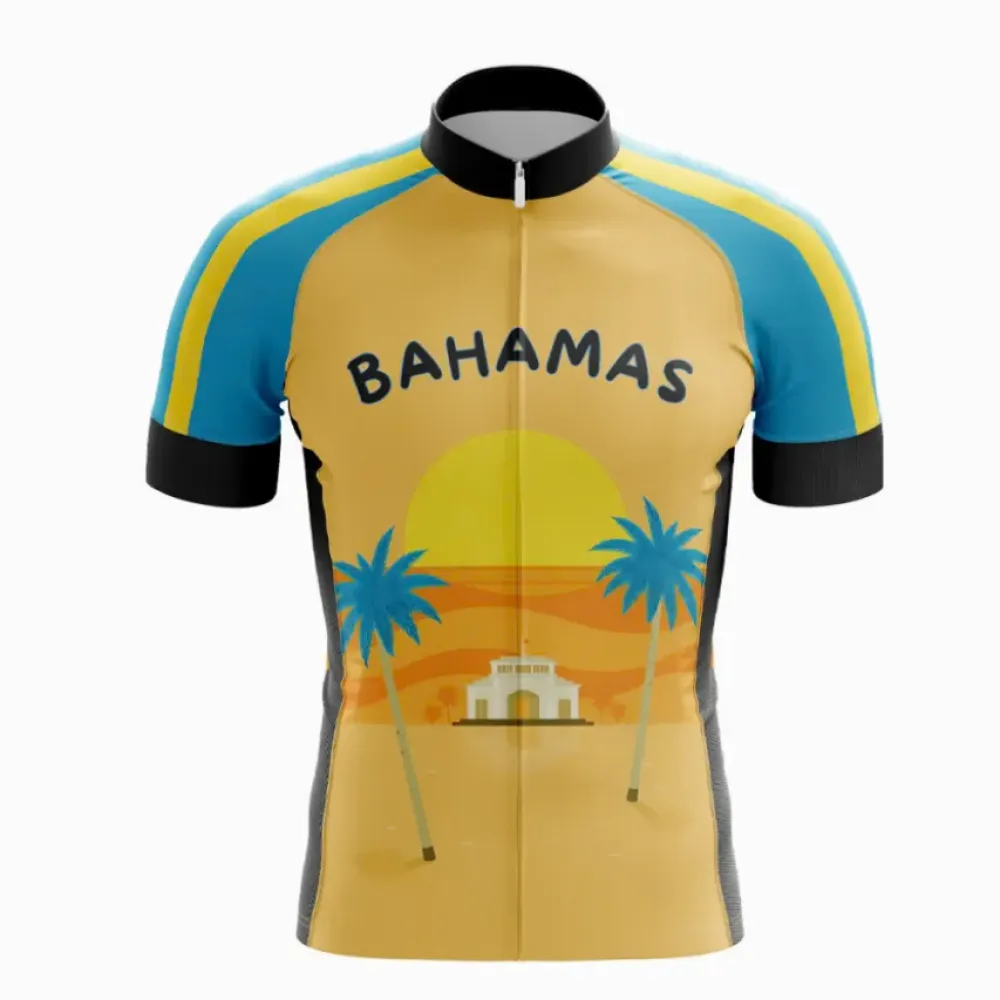 Bahamas Cycling Jersey Palm Tree Sunset Yellow/Blue/Gold