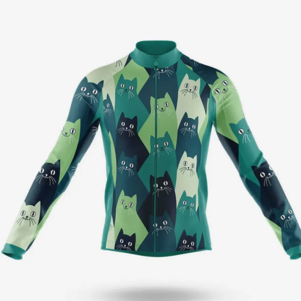 Cat Lover Long Sleeve Cycling Jersey Colorful Cats Green/Teal/Black
