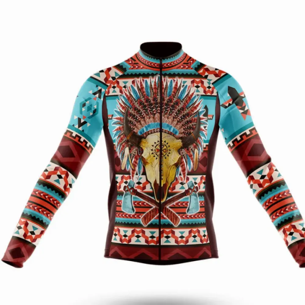 Native Indian Bison Long Sleeve Cycling Jersey Turquoise/Red/Brown