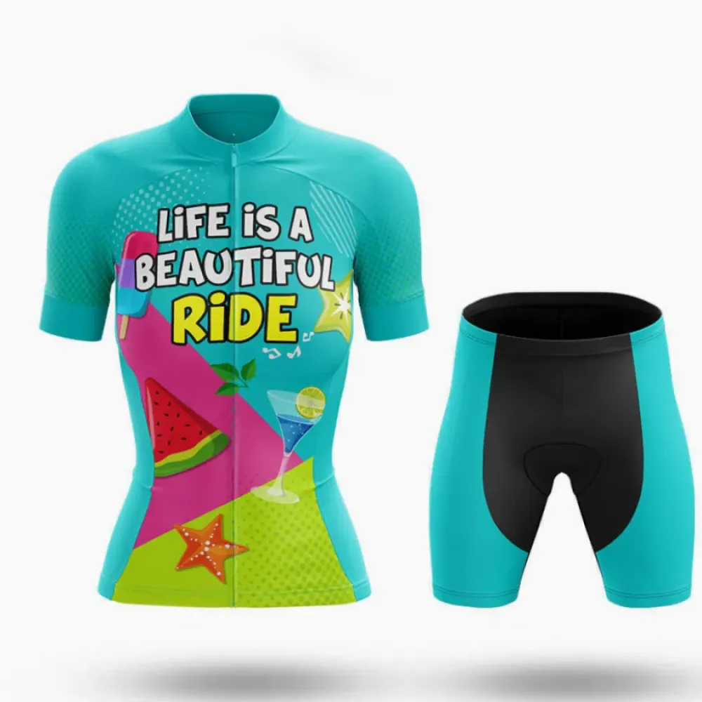 Life Is A Beautiful Ride Women Cycling Kit Full Set Aqua/Pink/Lime