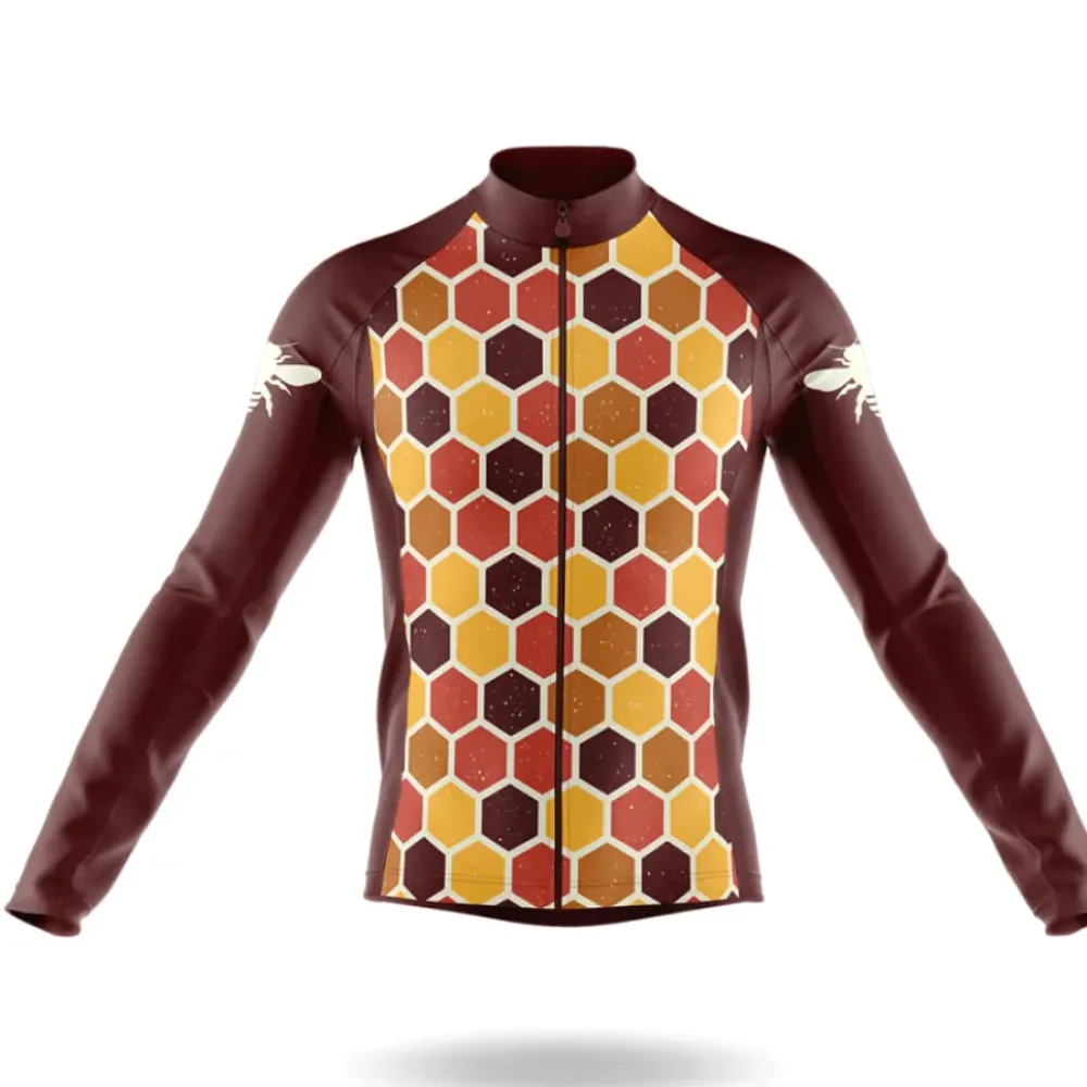 Retro Beehive Long Sleeve Cycling Jersey Hexagonal Pattern Brown/Yellow/Red