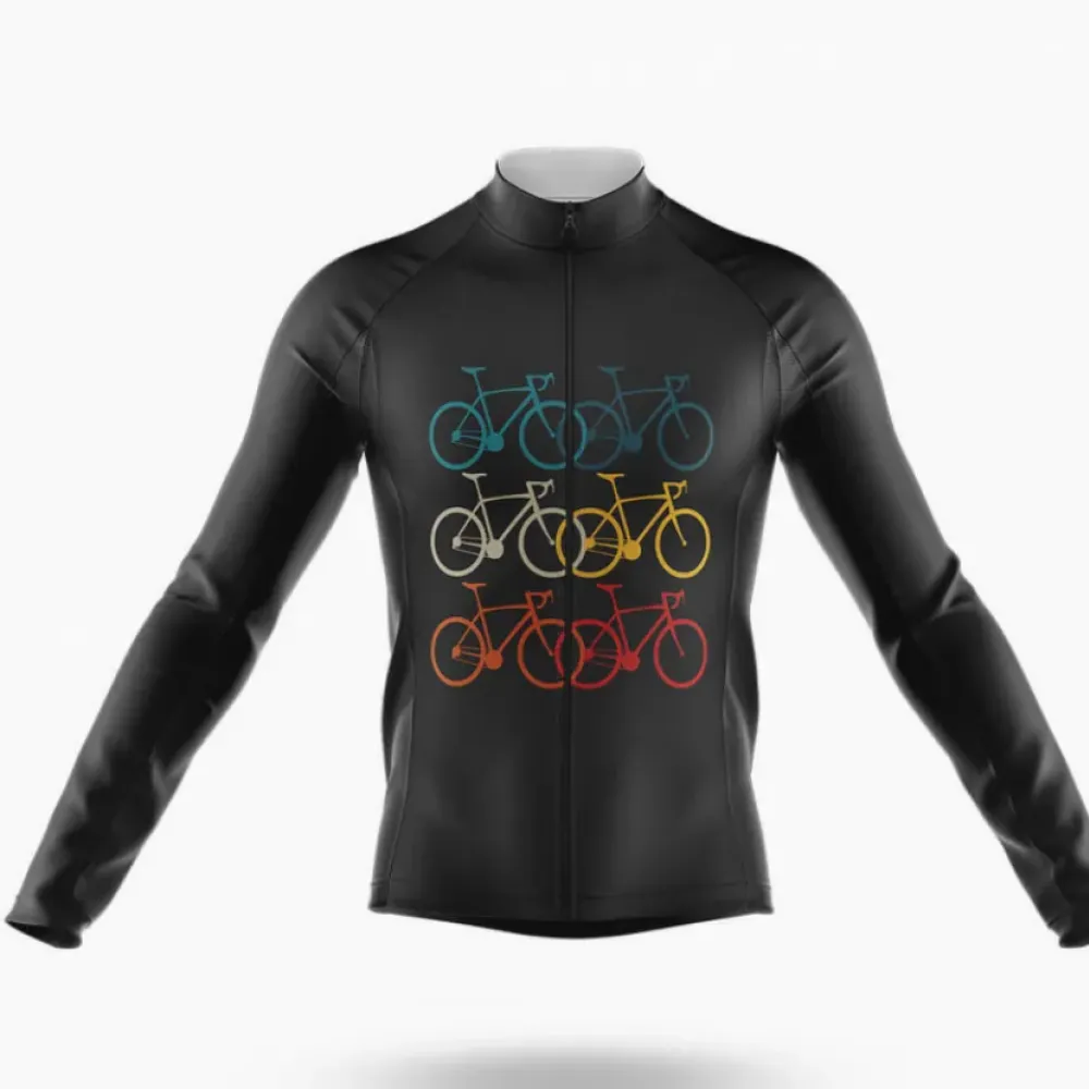 Vintage Bikes Long Sleeve Cycling Jersey Retro Black/Red/Yellow