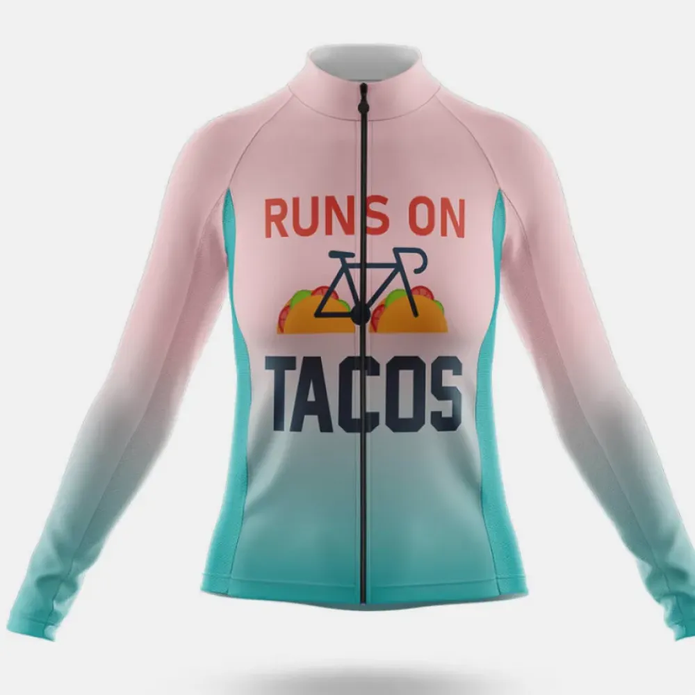 Runs On Tacos Women Long Sleeve Cycling Jersey Pink/Turquoise/White