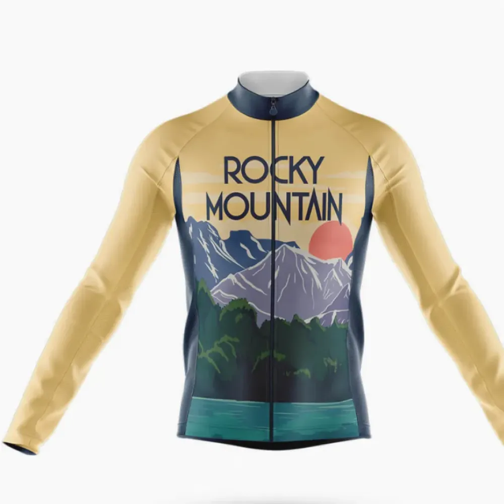 Rocky Mountain Long Sleeve Cycling Jersey Mountain Landscape Gold/Navy/Teal