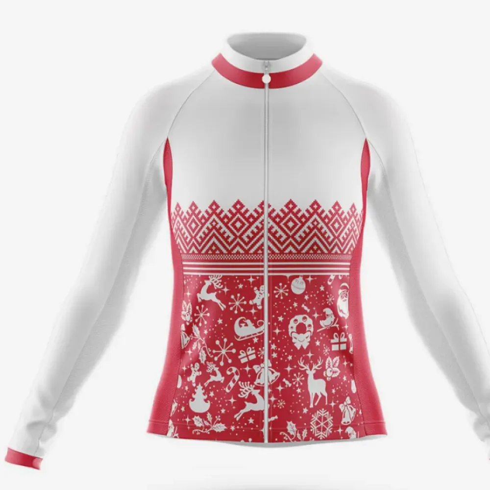Reindeer Snowflake Women's Long Sleeve Cycling Jersey White/Red/Grey