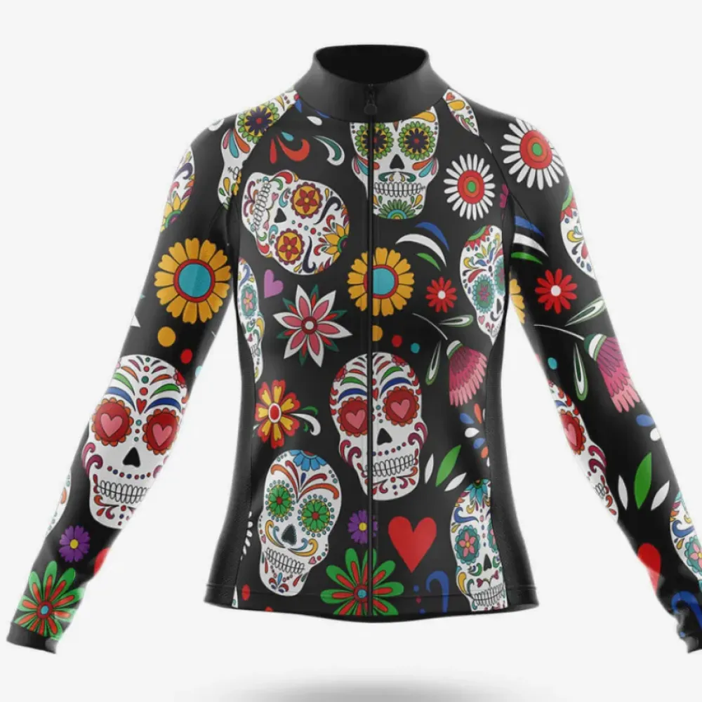 Women's Long Sleeve Cycling Jersey Colorful Sugar Skulls Black/Red/Green