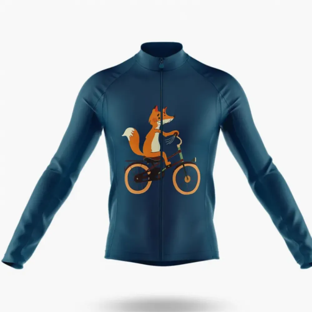 Fox On Bicycle Long Sleeve Cycling Jersey Navy/Gold/White