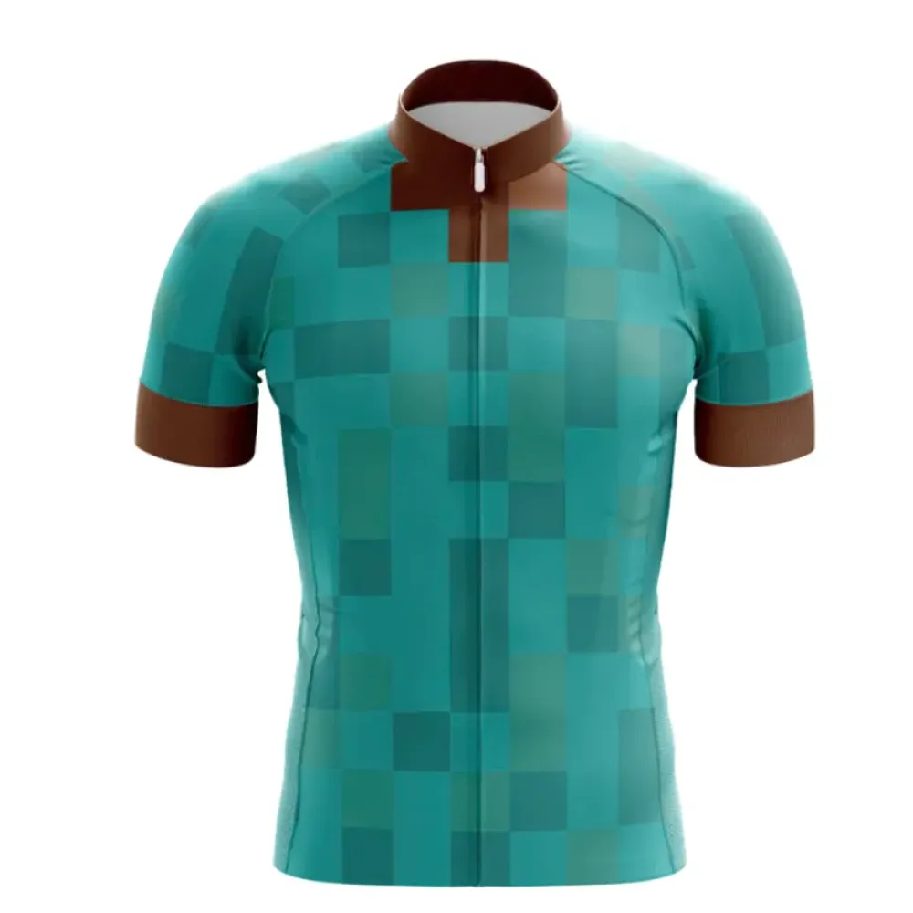 Minecraft Cycling Jersey Square Pattern Teal/Brown/Gray