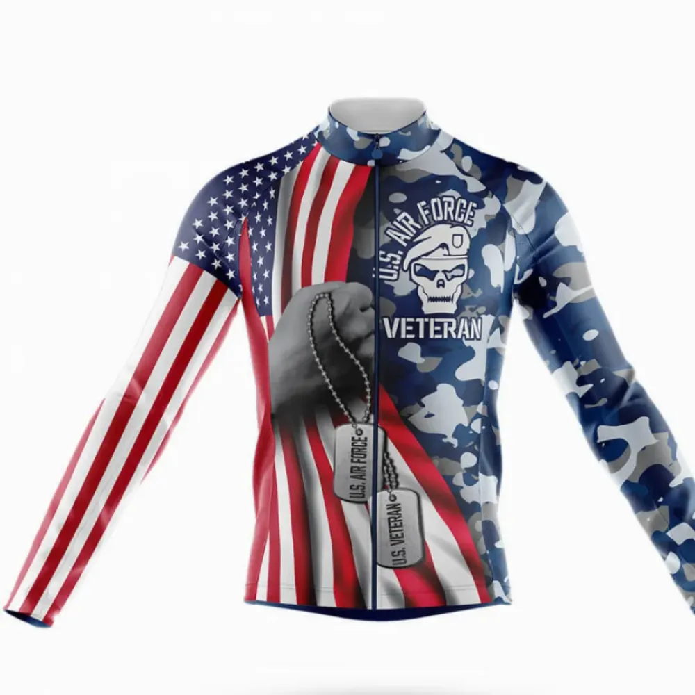 US Air Force Veteran Flag Long Sleeve Cycling Jersey American Pride Camo/Red/White