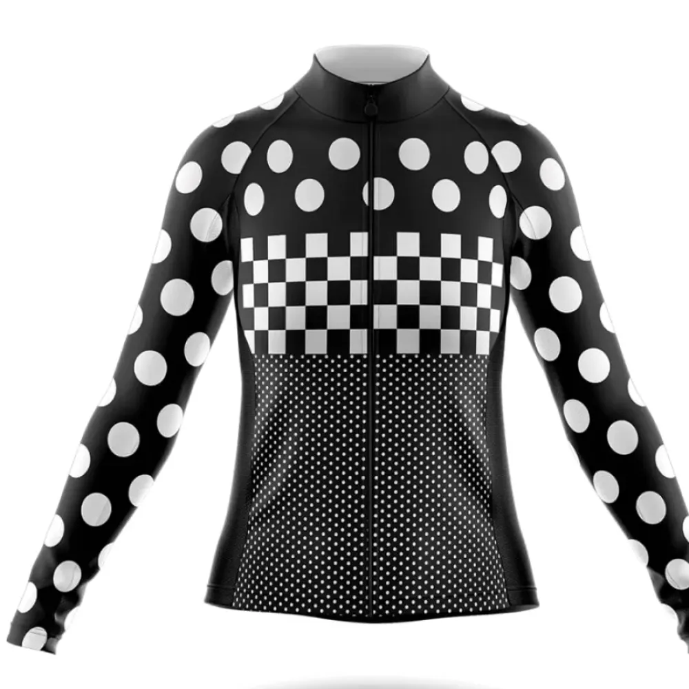 Women's Long Sleeve Cycling Jersey Polka Dots Black/White/Gray