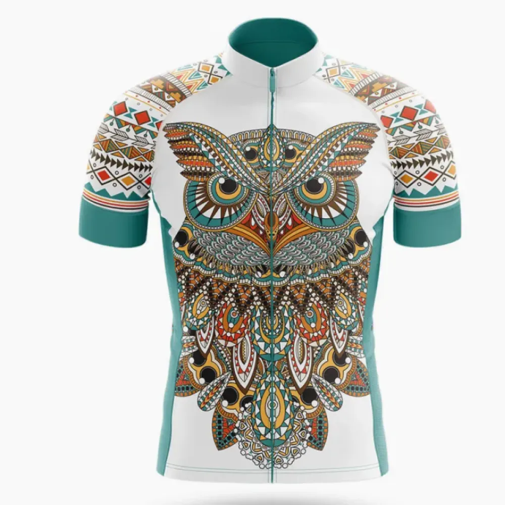 Owl Cycling Jersey Aztec Pattern Teal/White/Brown