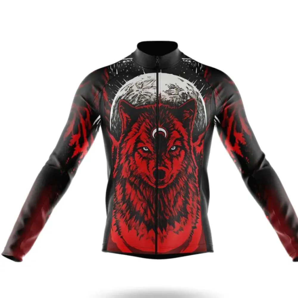 Native Red Wolf Long Sleeve Cycling Jersey Wolf Black/Red/White