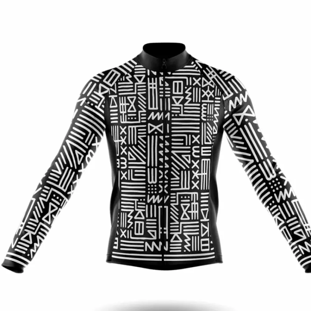 Monochrome Tribal Long Sleeve Cycling Jersey Tribal Pattern Black/White/Grey