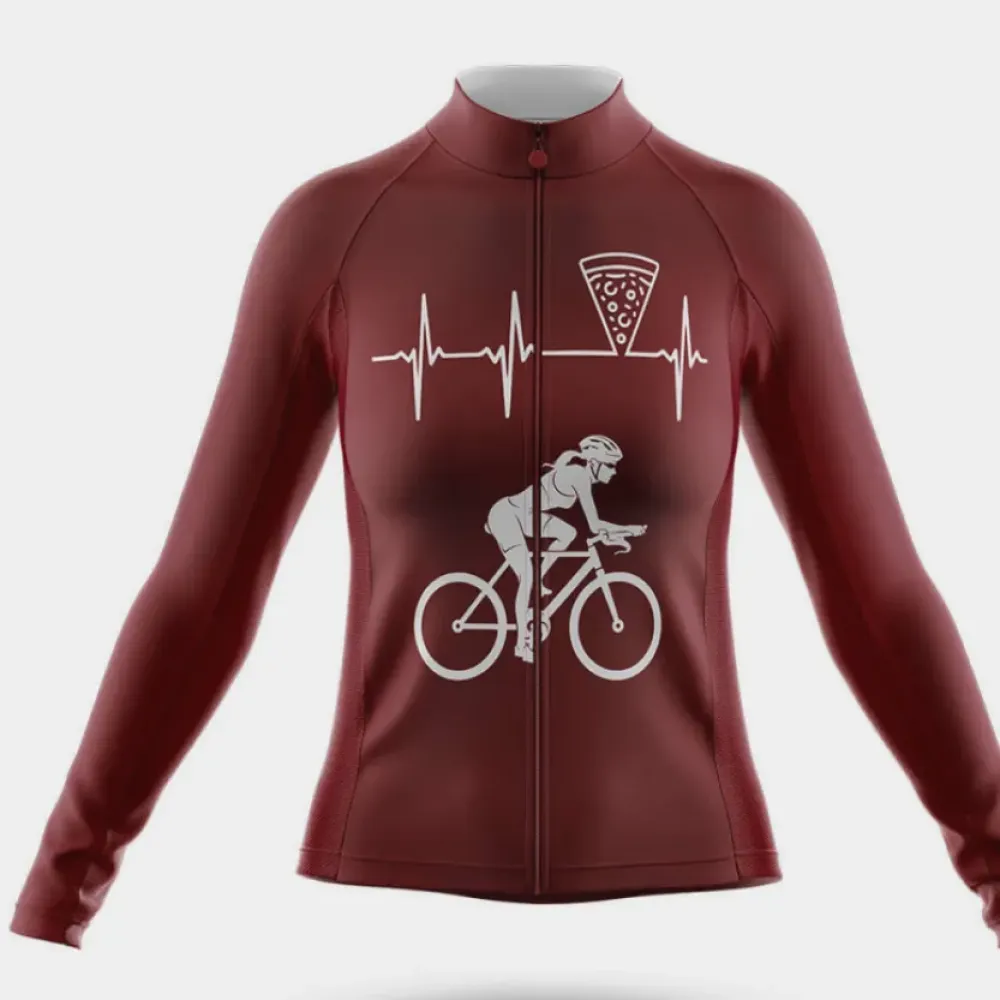 Pizza Heartbeat Women's Long Sleeve Cycling Jersey Maroon/White/Burgundy