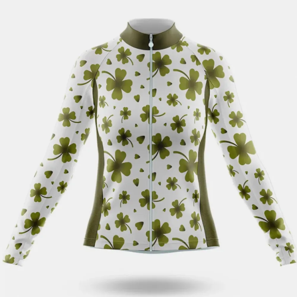 Ireland Four Leaf Clover Women's Long Sleeve Cycling Jersey White/Green/Black