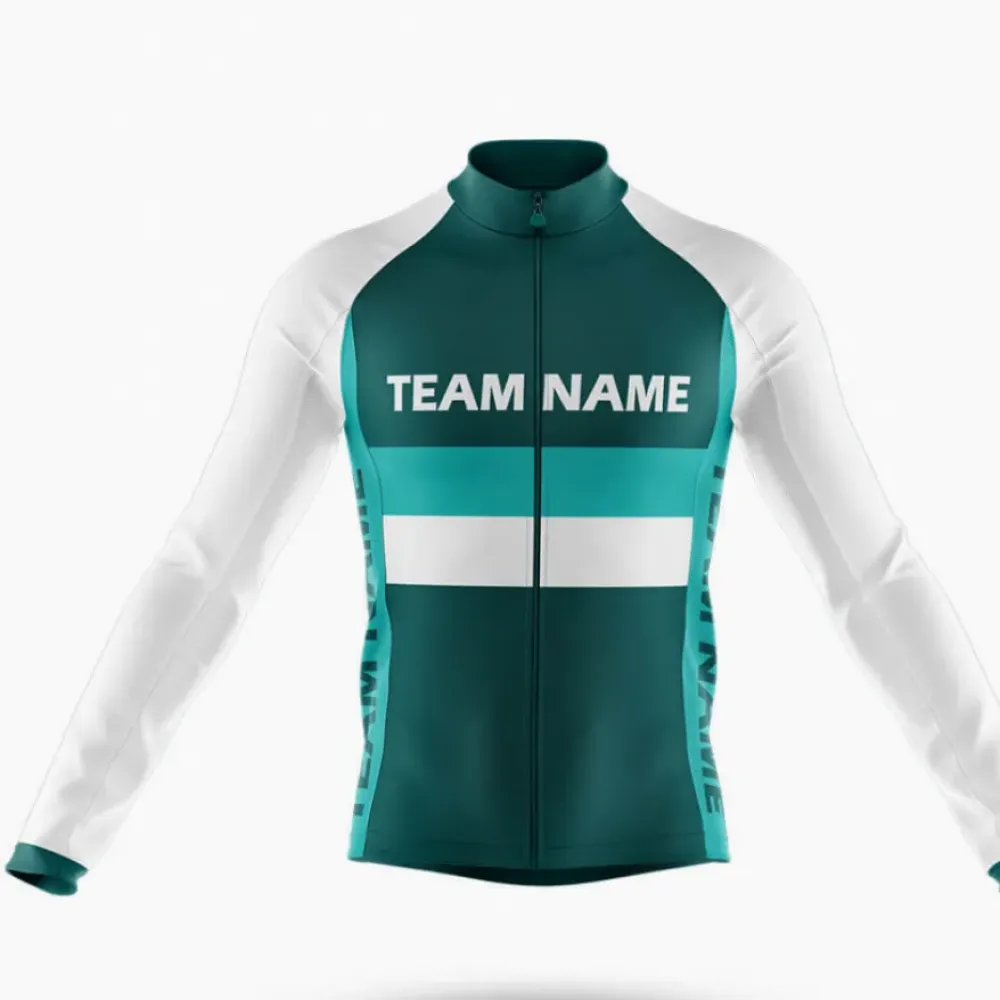 Custom Team Name M2 Green/White/Teal Long Sleeve Cycling Jersey
