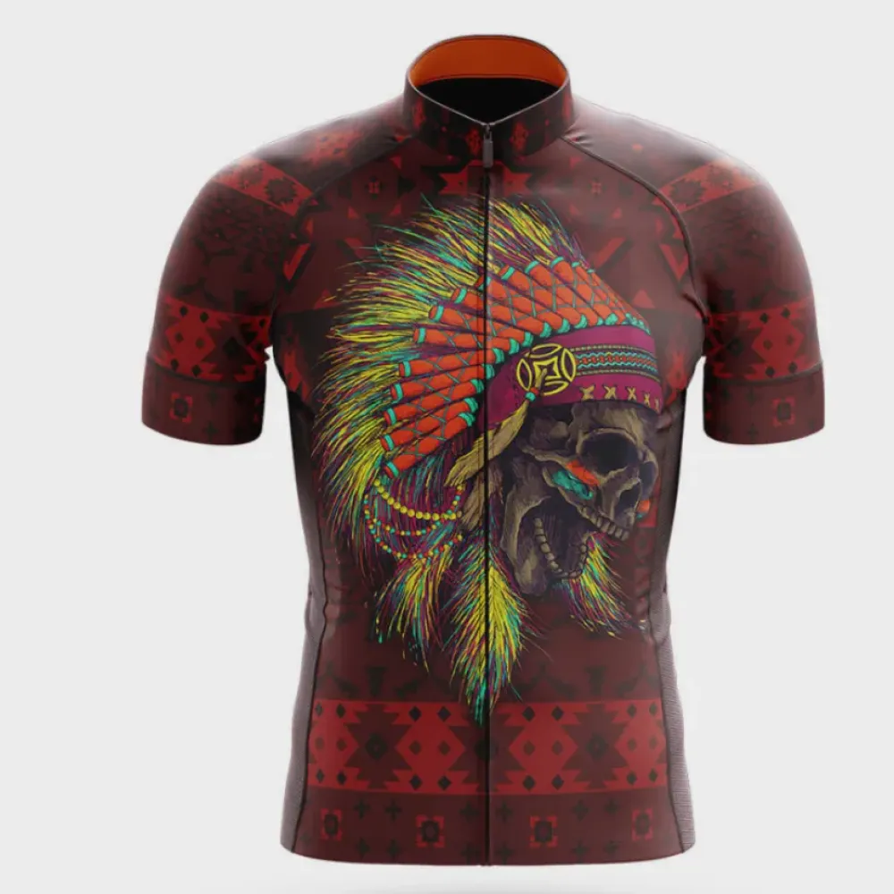 Native Chief Skull Cycling Jersey Red/Gold/Black