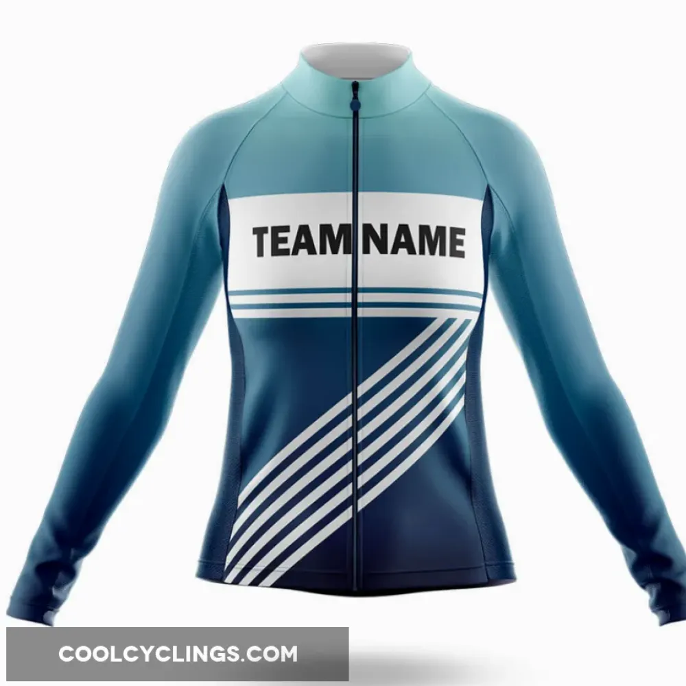 Women's Long Sleeve Cycling Jersey Custom Team Name S3 Blue White/Teal/Navy