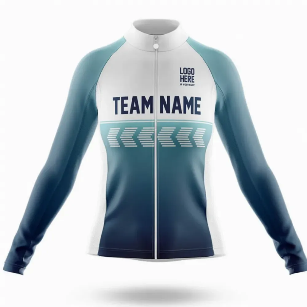 Custom Team Name S4 Blue/White/Green Long Sleeve Cycling Jersey