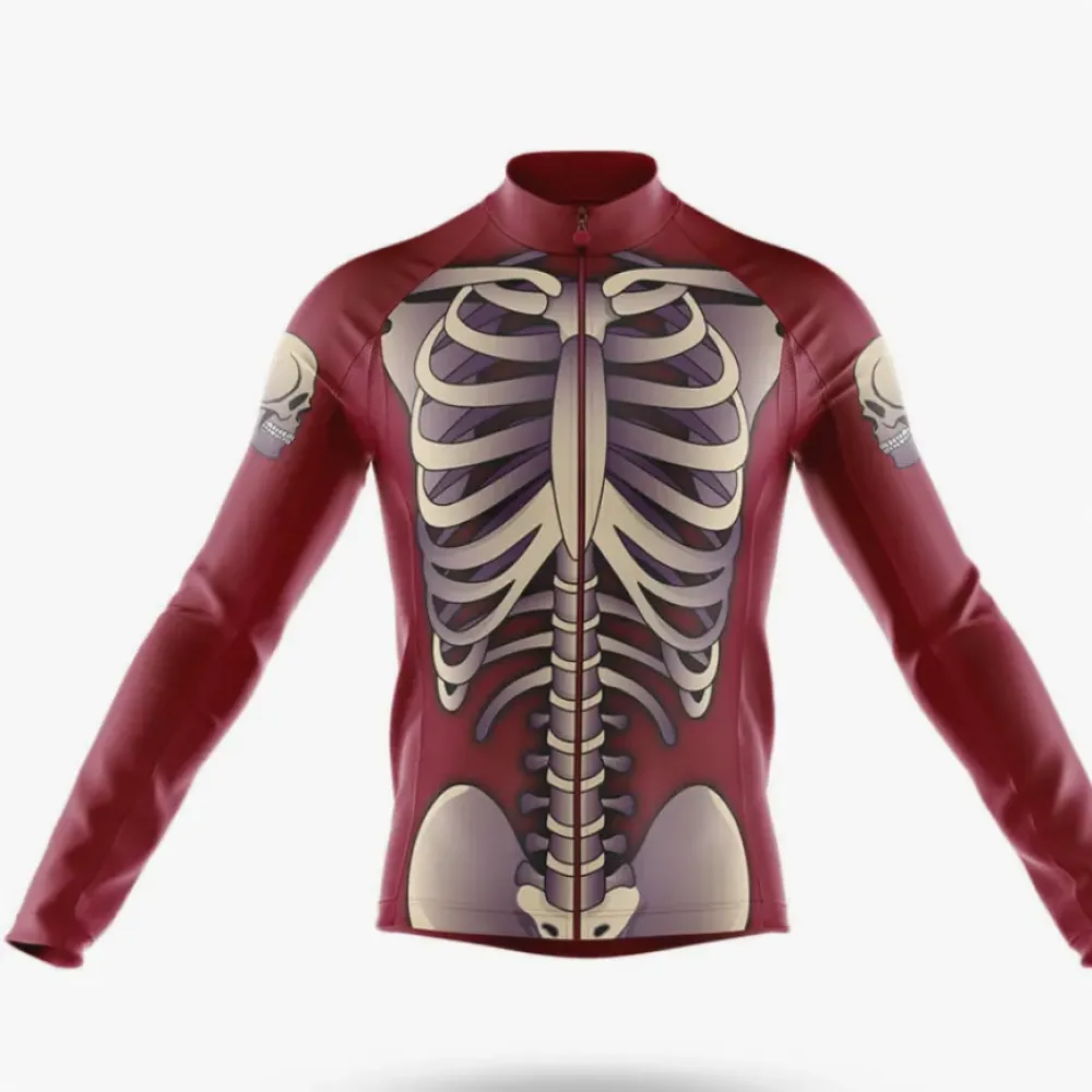 Retro Skeleton Long Sleeve Cycling Jersey Unique Design Maroon/Gold/Silver