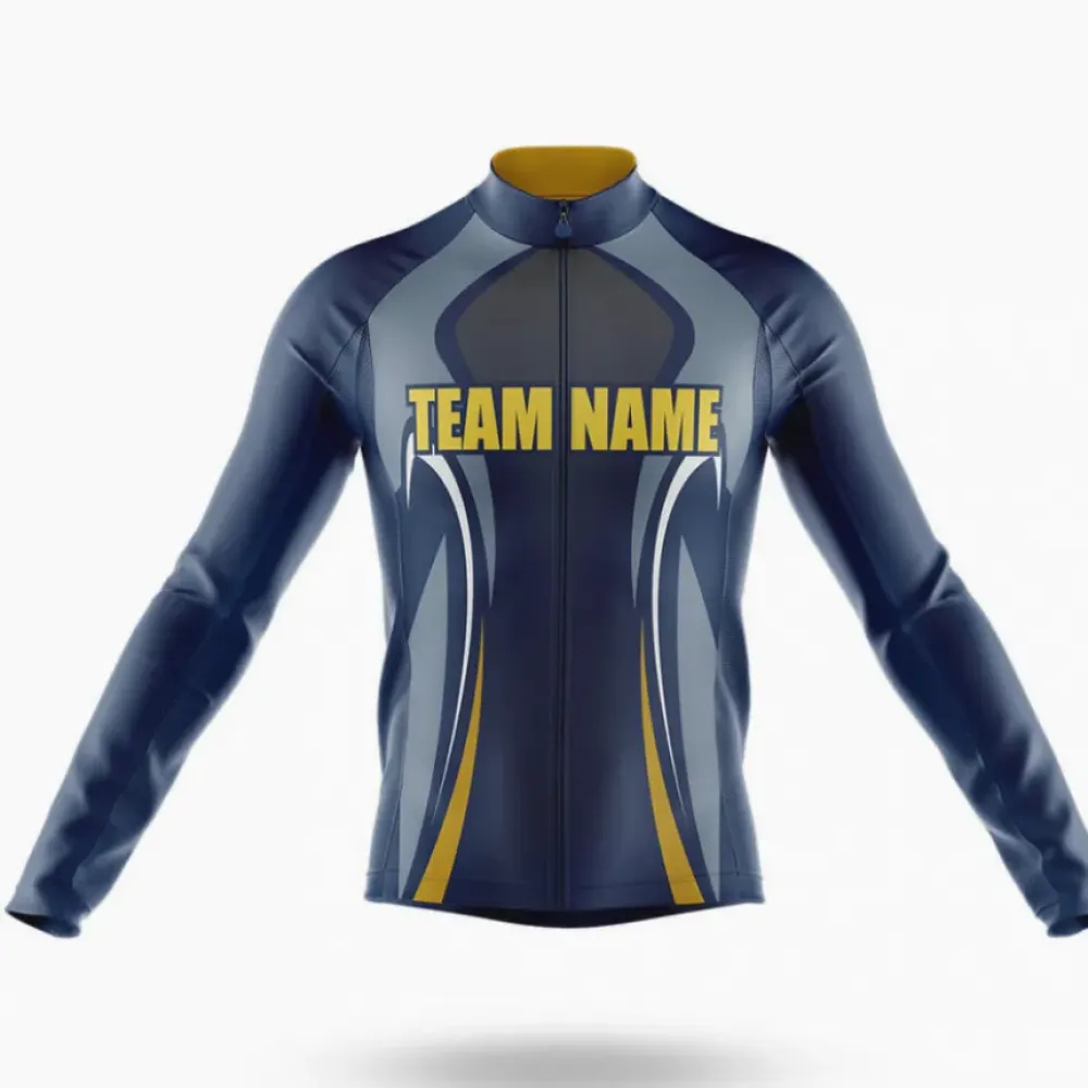 Custom Team Name S21 Long Sleeve Cycling Jersey Navy/Yellow/Gray