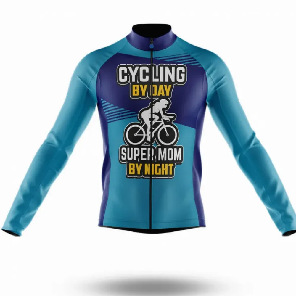 Super Mom By Night Long Sleeve Cycling Jersey Blue/Navy/Grey