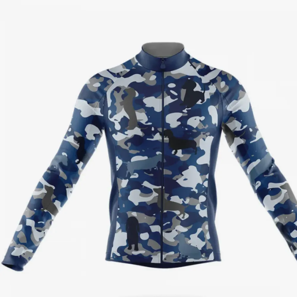 Camo Dachshund Long Sleeve Cycling Jersey Ver.2 Navy/White/Grey
