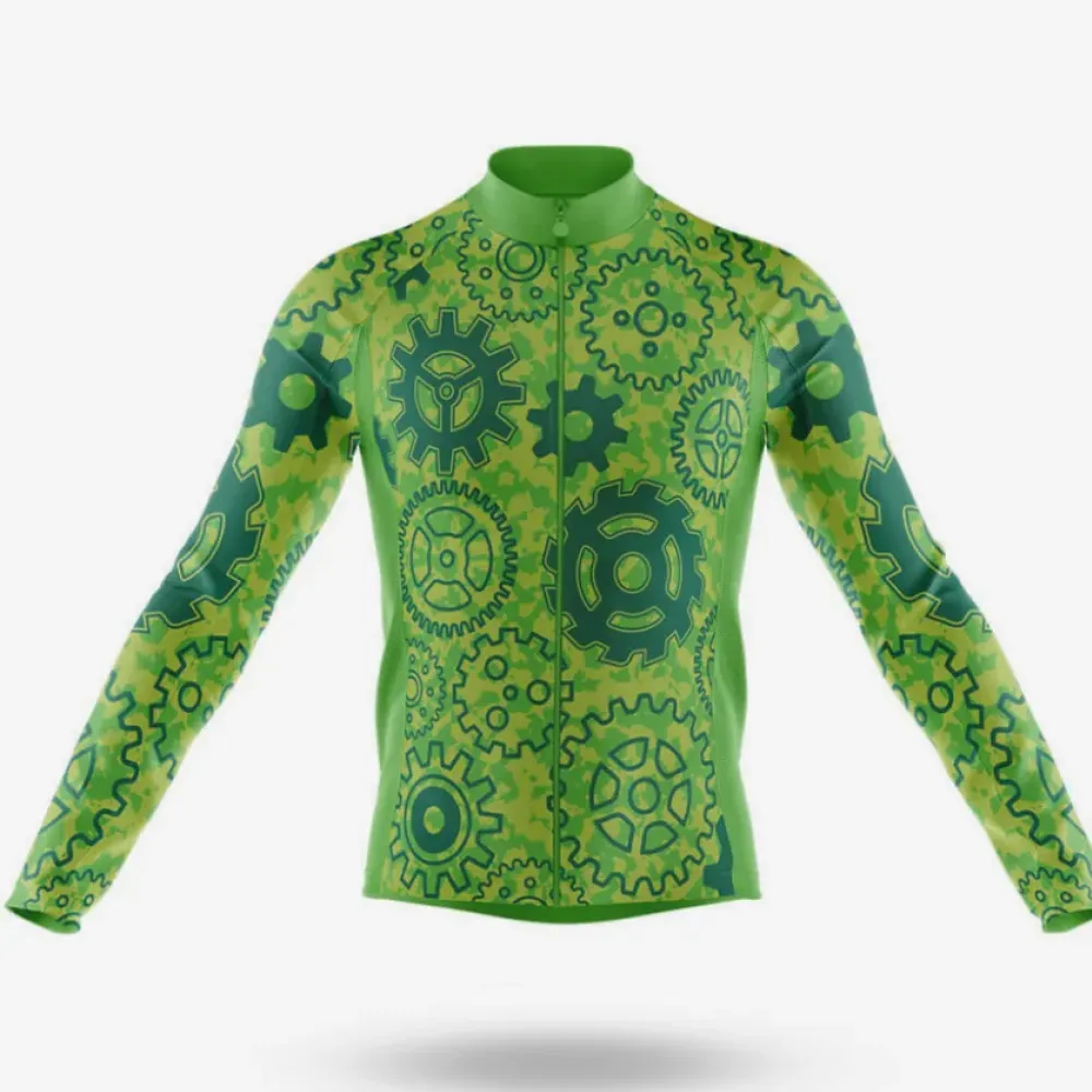 Green Gear Long Sleeve Cycling Jersey Gear Pattern Green/Yellow/Black