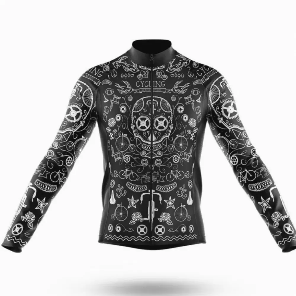 Black Tattoo Cycling Jersey Long Sleeve Unique Design Black/White/Grey