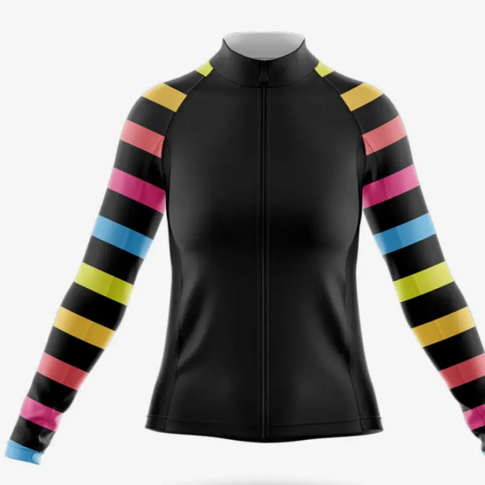 Rainbow Stripes Women's Long Sleeve Cycling Jersey Black/Pink/Yellow