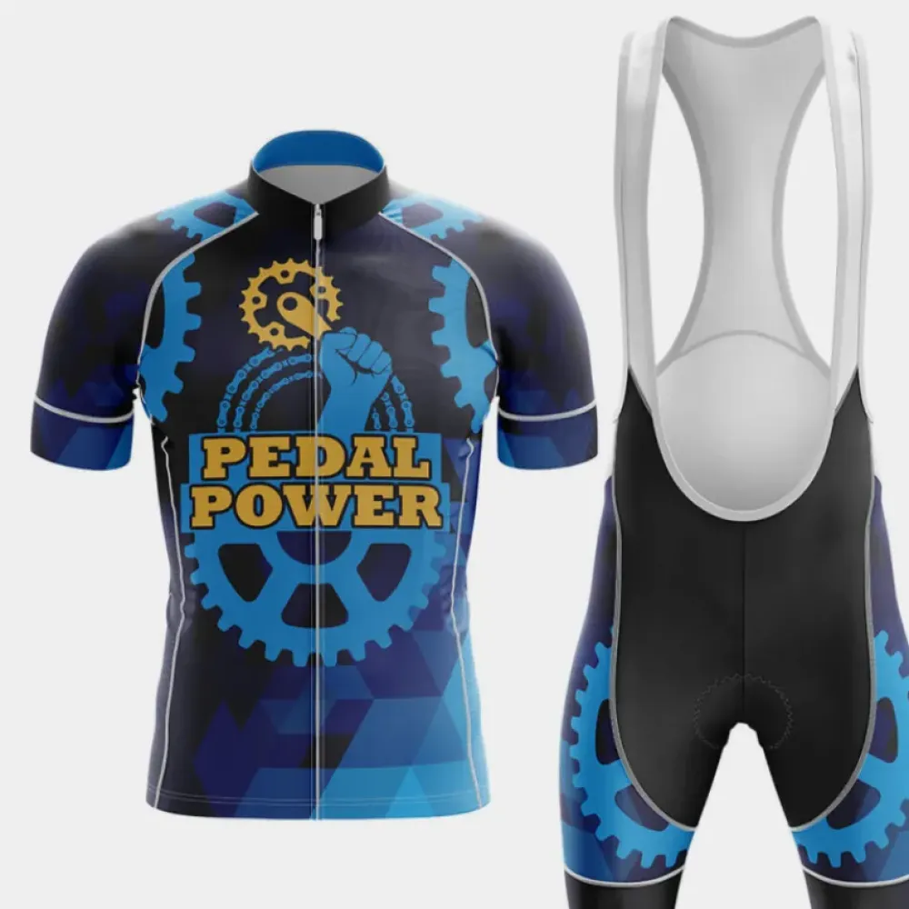 Pedal Power Men's Cycling Kit / Jersey   Bibs Gears Blue/Black/Grey