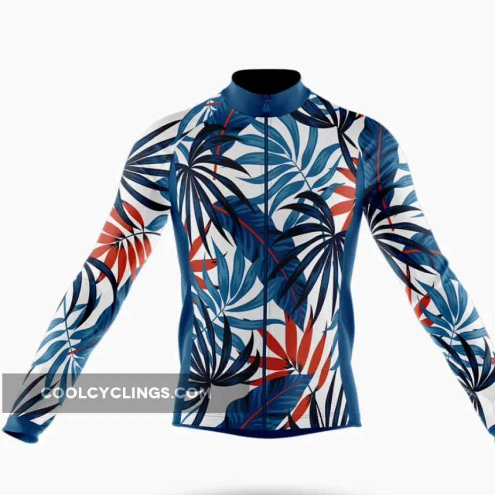 Tropical Palm Long Sleeve Cycling Jersey Blue/Red/White