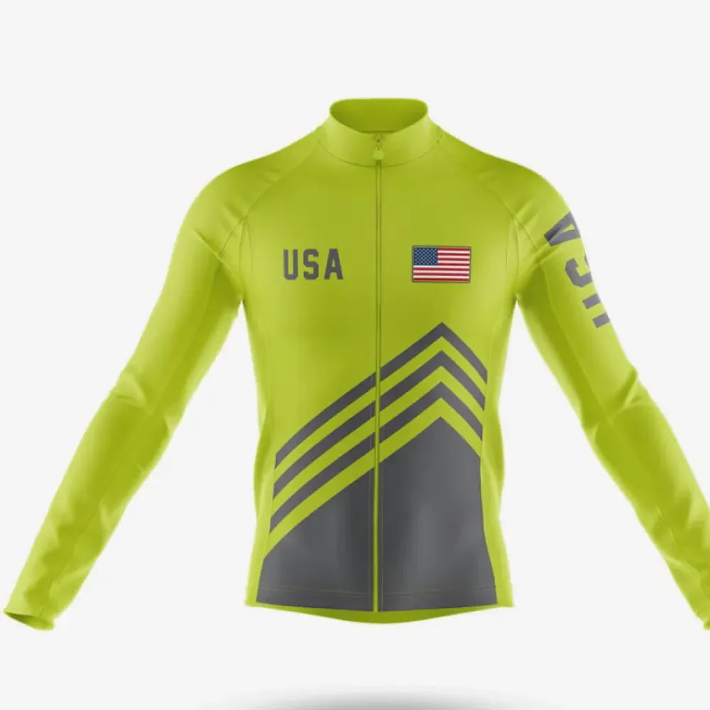 USA S4 Lime Green Long Sleeve Cycling Jersey