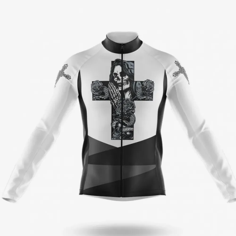 Faith Long Sleeve Cycling Jersey Cross and Skull White/Black/Grey