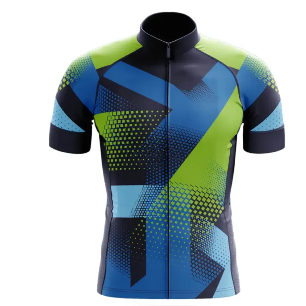 Cycling Jersey Geometric Pattern Blue/Green/Black