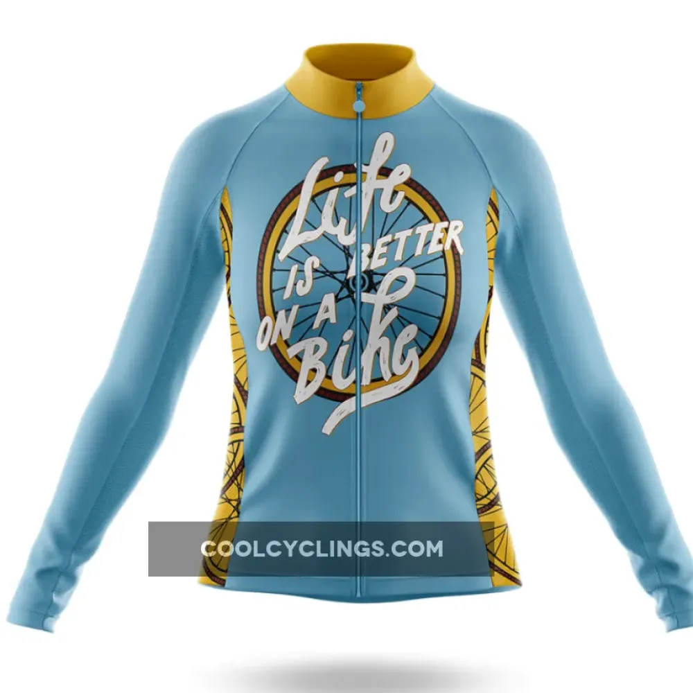 Life Is Better On A Bike Women's Long Sleeve Cycling Jersey Blue/Yellow/Grey