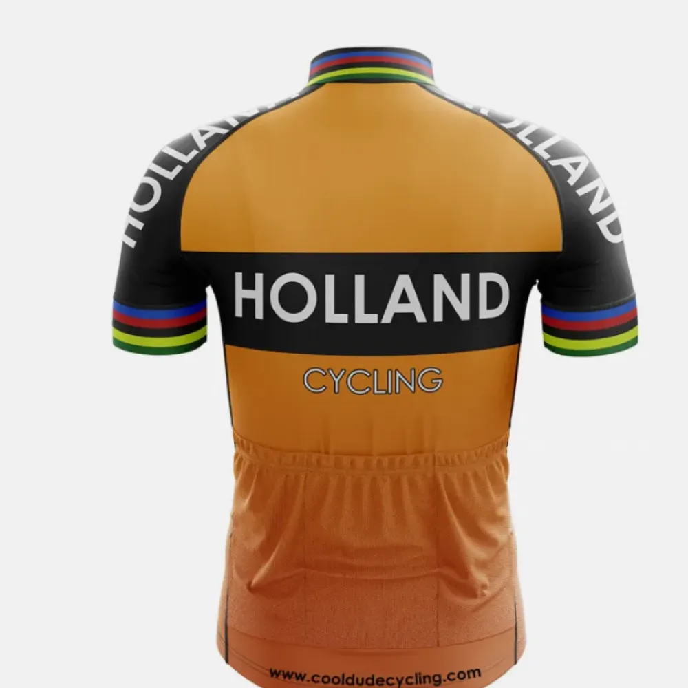 Holland Cycling Team Jersey with National Flag Emblem/Orange/Black/Gold